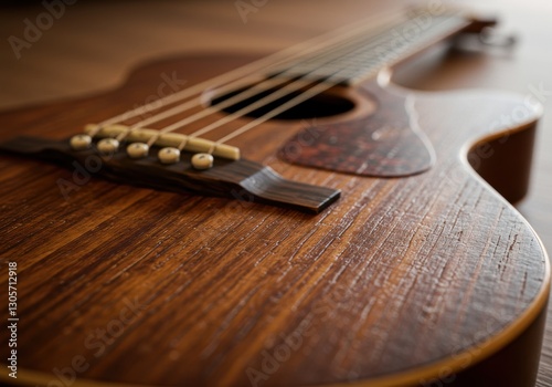 Close-up of acoustic guitar strings and wooden texture in warm light