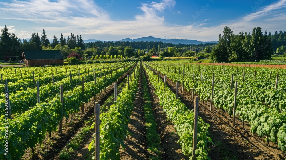 Fototapeta premium Aerial view of a cucumber farm, with rows of green vines stretching under a blue sky. The trellises create a natural pattern, and the morning sunlight casts long shadows over the fertile land.