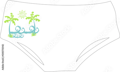 Tropical Beachwear Design – Minimalist Palm Tree & Ocean Waves Illustration