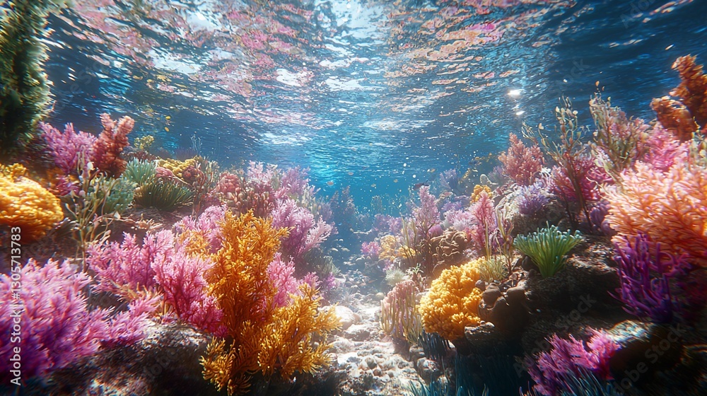 Naklejka premium Vibrant underwater coral reef scene with sunlight.
