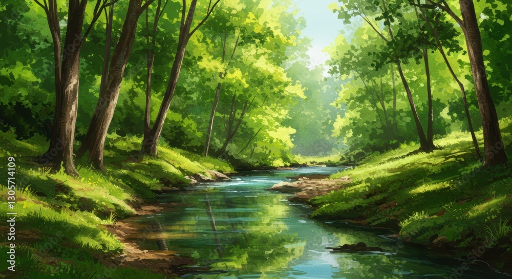 Fototapeta premium Serene forest stream surrounded by lush greenery and sunlight through trees