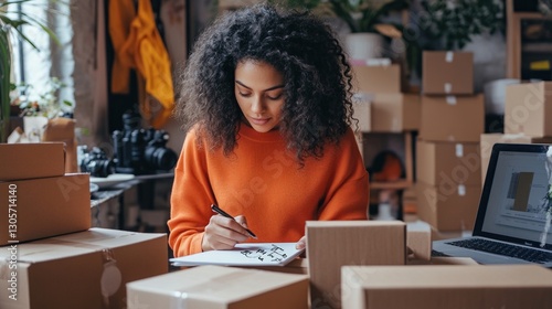 Woman writing order details amidst boxes.