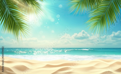 Abstract blur defocused background, highlighting a tropical summer beach bathed in sunlight. The scene features golden sand, shimmering sea water, and palm leaves against the sky