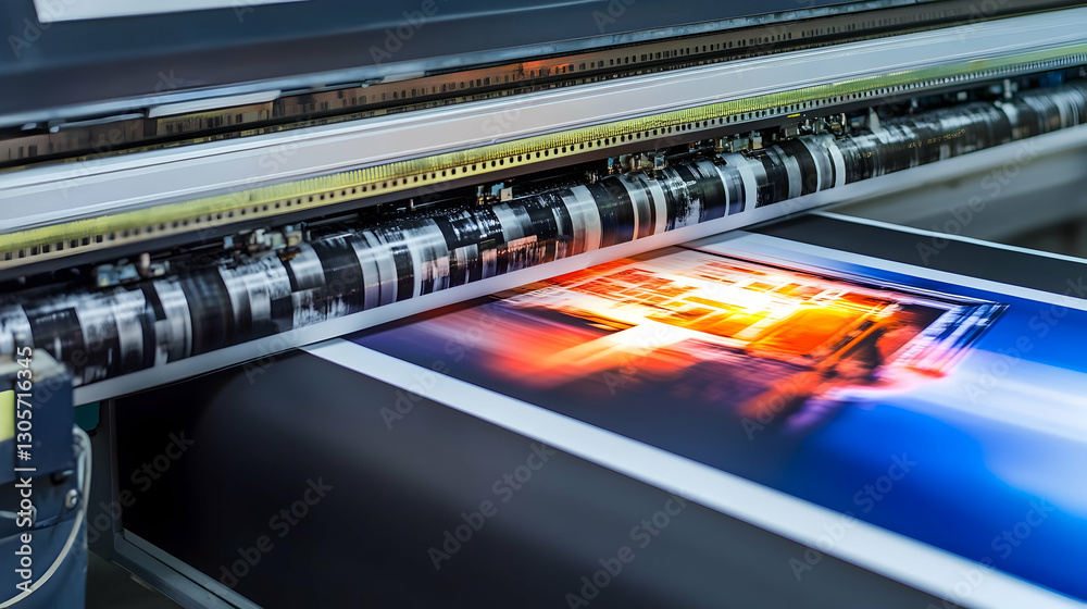 Large-format printing equipment producing oversized graphics in office Large-format printing equipment producing oversized graphics in office