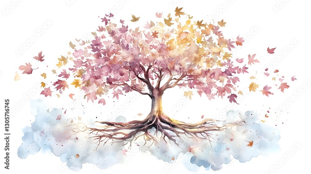 Fototapeta premium A beautifully expressive watercolor painting of a majestic tree with multi colored autumn leaves symbolizing the diversity and harmony found in nature The tree s detailed roots spread outward