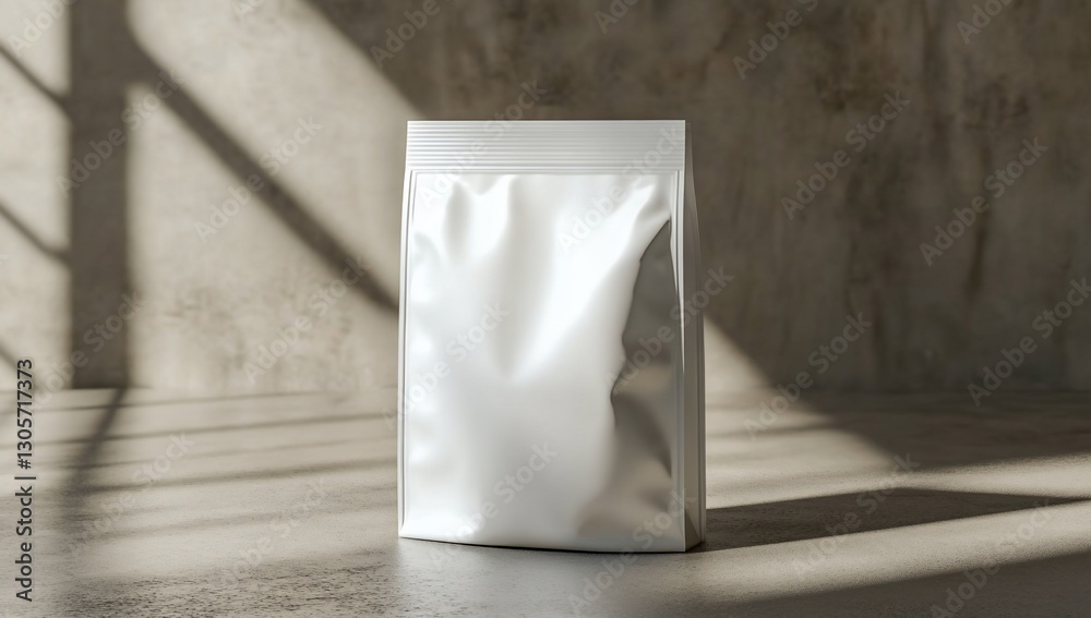 Blank white stand-up pouch bag mockup on textured surface with sunlight. Blank white stand-up pouch bag mockup on textured surface with sunlight.