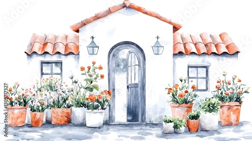 Delightful watercolor scene of a quaint flower shop filled with fresh blossoms in decorative pots with a charming open door entrance leading to a serene and inviting floral oasis