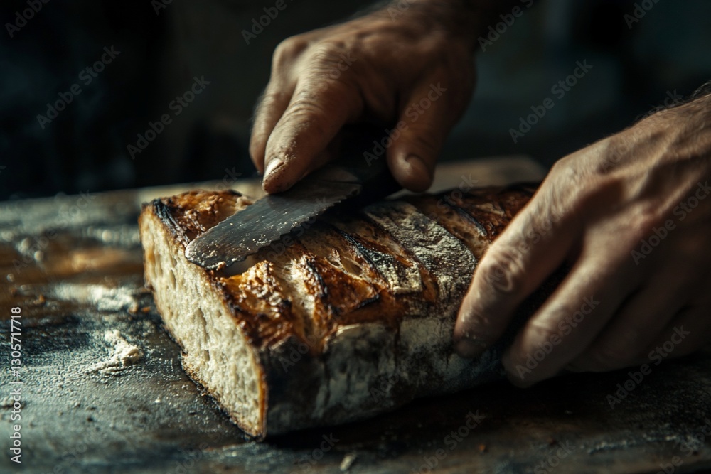 Close-up of hands slicing a rustic sourdough bread loaf. Close-up of hands slicing a rustic sourdough bread loaf.