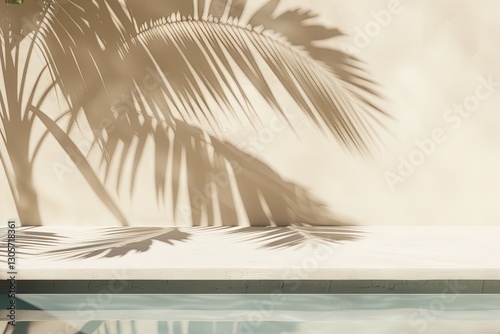 A visual abstraction of a summer scene with pool water, concrete walls, and the shade created by a palm tree