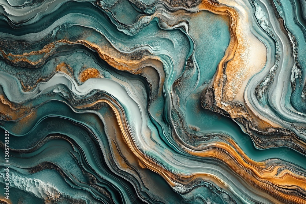 Fototapeta premium Abstract teal, gold, and white marble texture.