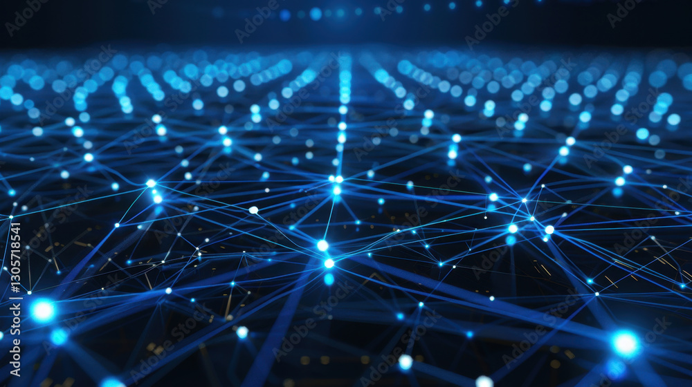 Fototapeta premium digital network of glowing blue connections and nodes, representing technology and data flow. vibrant lights create sense of depth and innovation