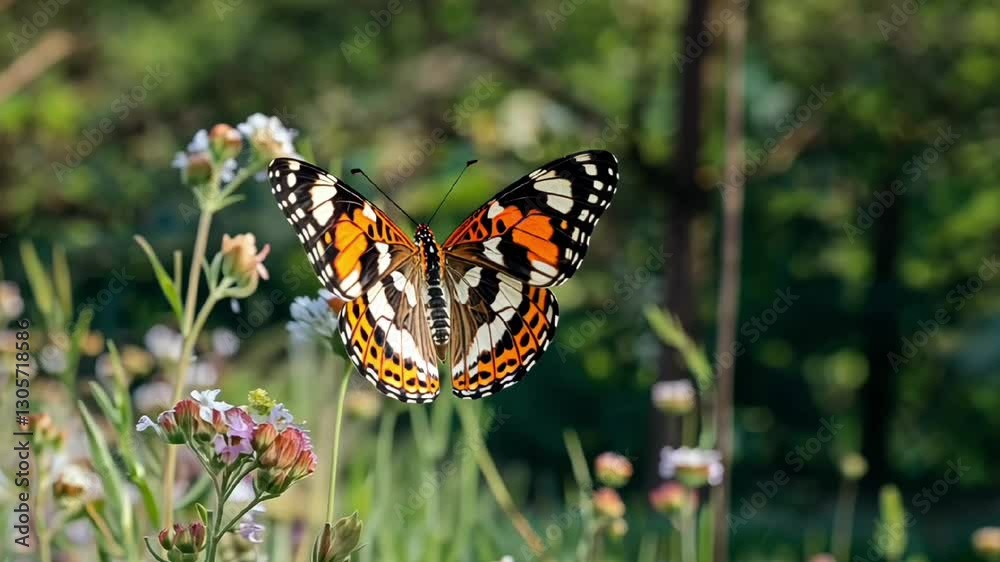 close up of butterfly on flower with natural green background in daylight