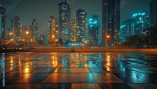 Night cityscape reflected on a wet urban plaza.
