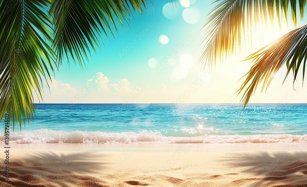 Tropical summer beach in an abstract blur, with golden sand, sunlight, sea water, and palm leaves creating a serene summer vacation scene Tropical summer beach in an abstract blur, with golden sand, sunlight, sea water, and palm leaves creating a serene summer vacation scene