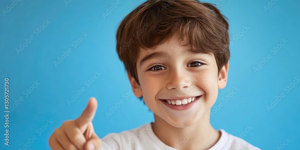 Happy child pointing, smiling and looking at the camera with light blue background. Happy child pointing, smiling and looking at the camera with light blue background.