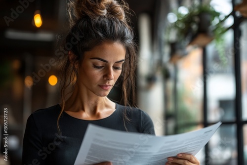 Young woman reads menu inside a trendy cafe with natural lighting and plants during midday photo