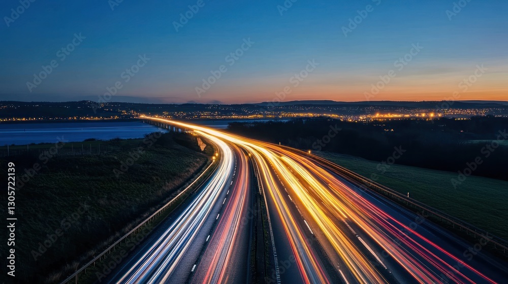 Fototapeta premium City lights trailing on a twilight highway overlooking a coastal town
