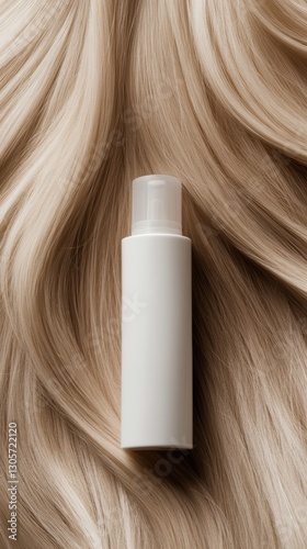 Beautiful blonde hair with a stylish bottle placed on top of flowing locks