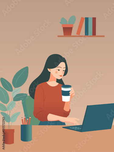 Coffee desk woman, working from home, laptop, business woman