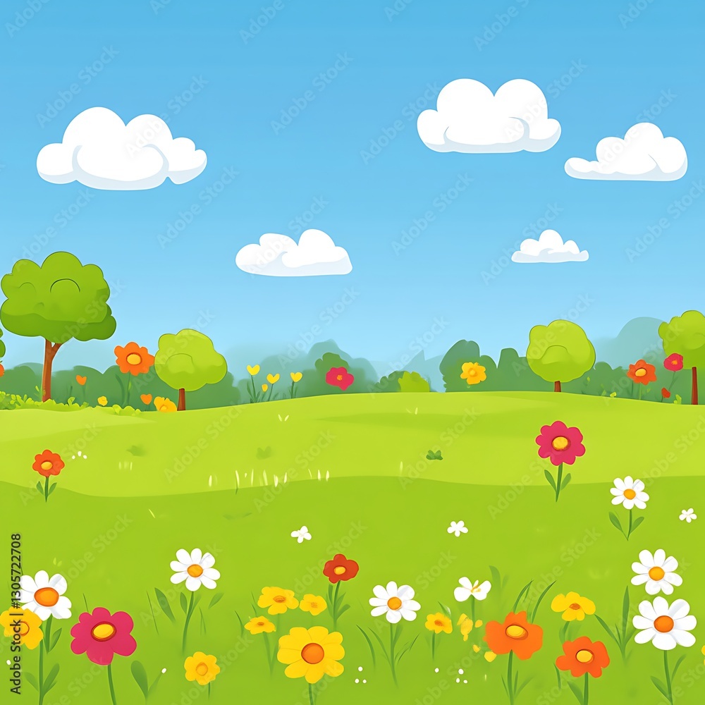 Colorful spring meadow landscape with trees and flowers under a blue sky Colorful spring meadow landscape with trees and flowers under a blue sky