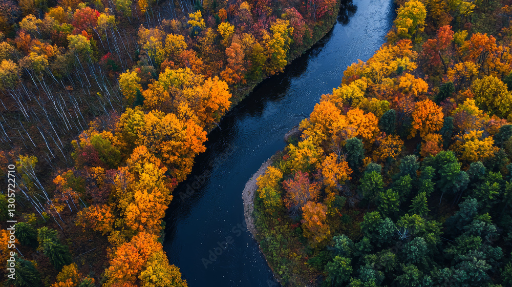 Aerial View of Vibrant Autumn Forest and Meandering River Aerial View of Vibrant Autumn Forest and Meandering River