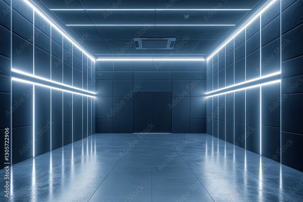 Obraz premium Modern minimalist interior with glowing neon lights in an empty room