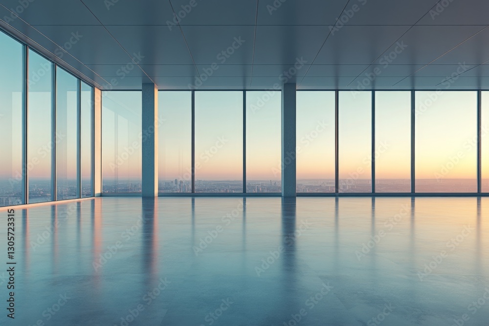 Fototapeta premium Modern office space with panoramic windows overlooking the city skyline at sunset