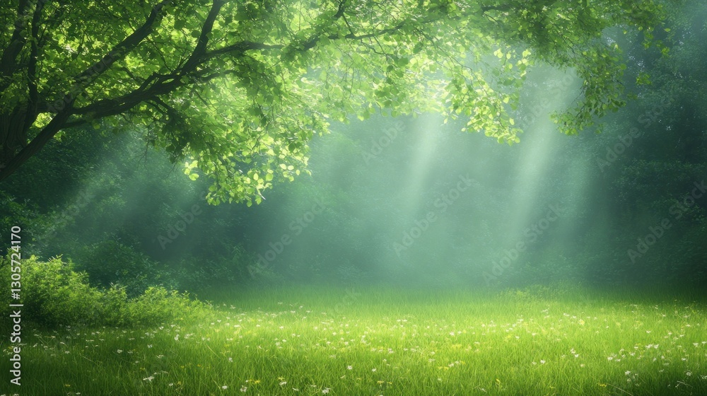 Obraz premium Enchanted Forest: Sunbeams Through Green Canopy