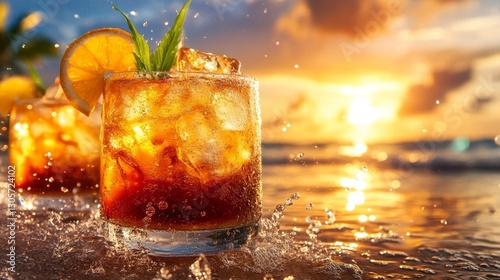Tropical cocktails with ice and splash at sunset on the beach. Generative AI photo