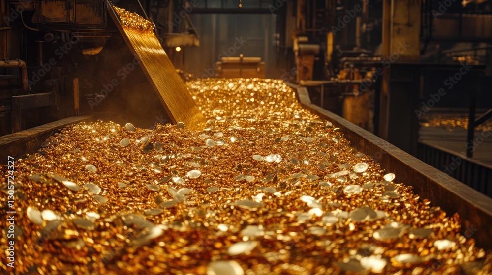 Golden cascade, Endless wealth flowing in an industrial setting Golden cascade, Endless wealth flowing in an industrial setting