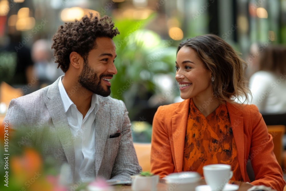 Couple enjoying a cheerful conversation in a cozy cafe setting with vibrant greenery and warm lighting Couple enjoying a cheerful conversation in a cozy cafe setting with vibrant greenery and warm lighting