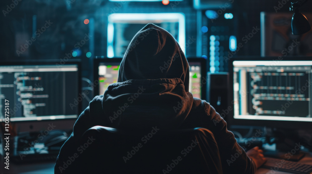 person in hoodie works intently at multiple computer screens, surrounded by dark environment illuminated by blue lights, showcasing focus on coding and technology person in hoodie works intently at multiple computer screens, surrounded by dark environment illuminated by blue lights, showcasing focus on coding and technology