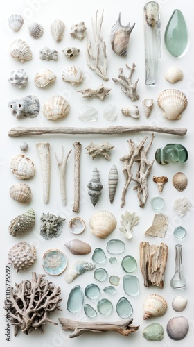 Various collected coastal treasures are neatly arranged on a white surface