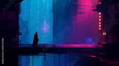 A mysterious cloaked figure stands on a futuristic bridge in a cyberpunk city with neon lights, glowing buildings, and a dystopian vibe