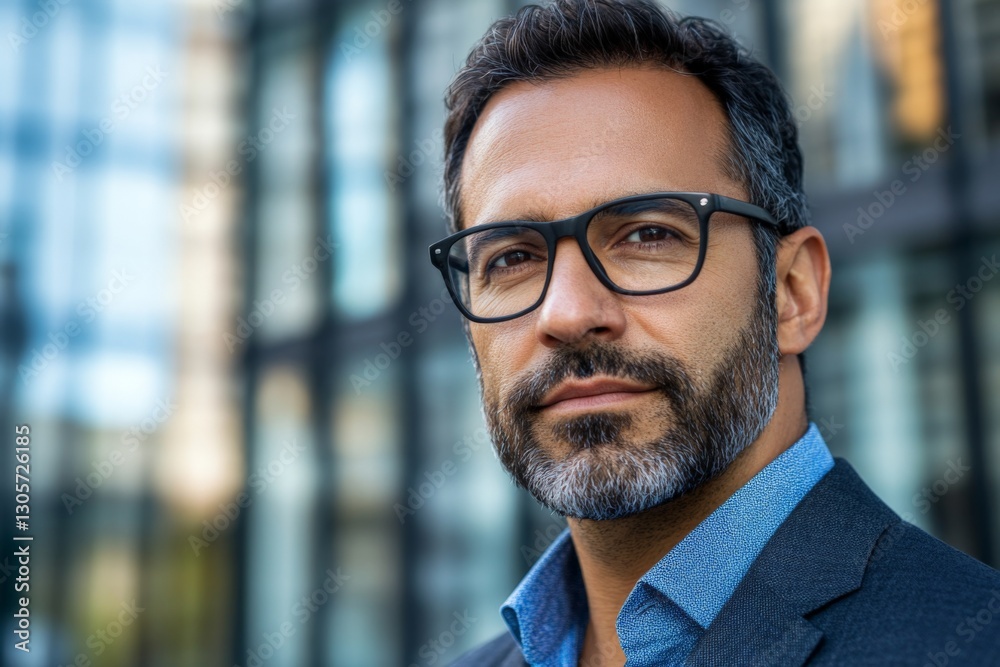 Naklejka premium Professional man with glasses stands confidently outside a modern building during daylight hours