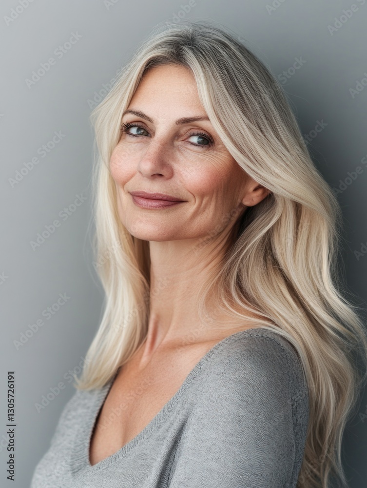 Fototapeta premium Smiling adult female with blonde hair looking at camera.