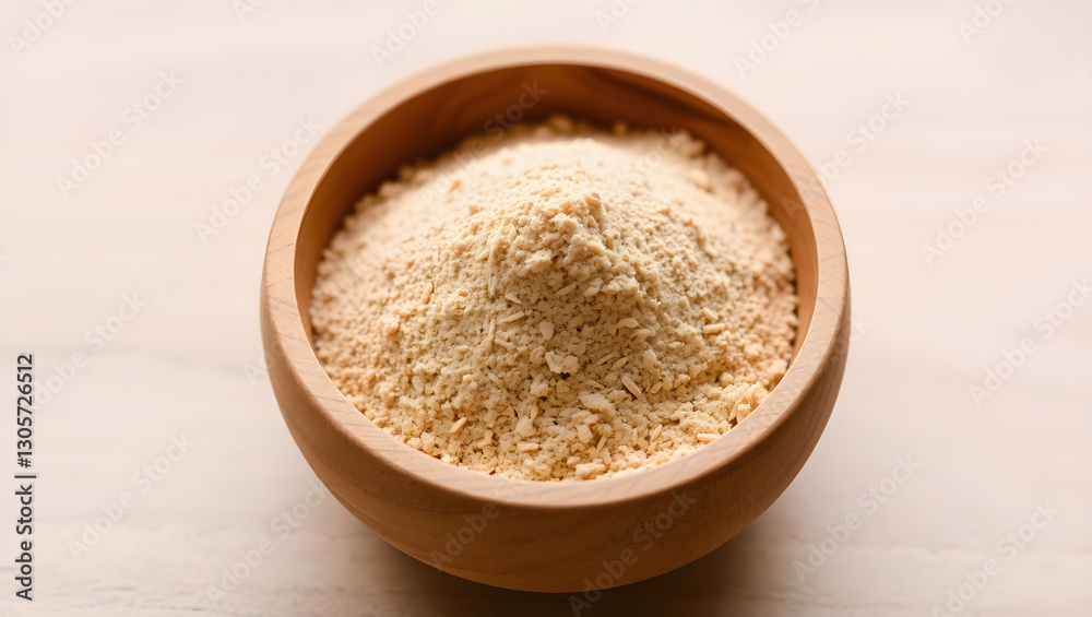 a wooden bowl filled with nutritional yeast flakes. The flakes are light beige and finely textured, with bowl a natural wooden color. a wooden bowl filled with nutritional yeast flakes. The flakes are light beige and finely textured, with bowl a natural wooden color.