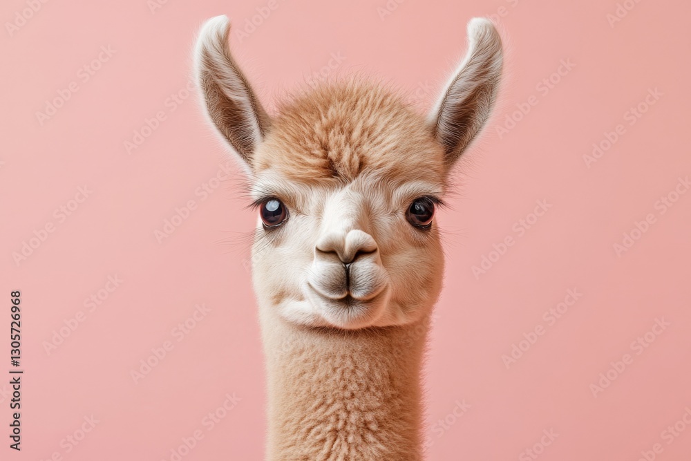 Obraz premium Llama portrait with soft fur and curious expression against a pastel pink background
