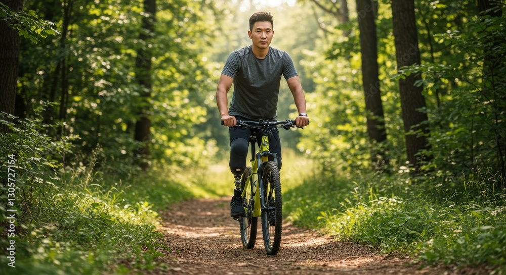 Obraz premium Adaptive athlete mountain biking on a woodland trail with prosthetic leg outdoors