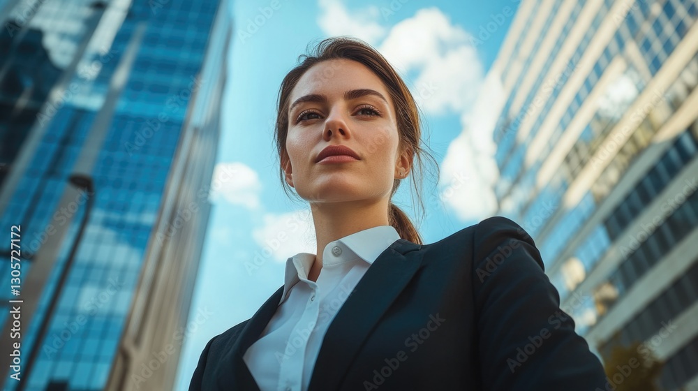 Businesswoman in suit standing with hands on hips against cityscape backdrop Businesswoman in suit standing with hands on hips against cityscape backdrop
