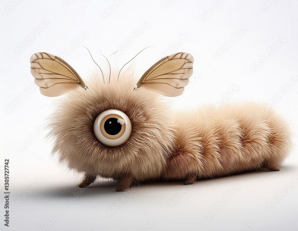 Fototapeta premium Fluffy creature with large eye and wings on a plain background