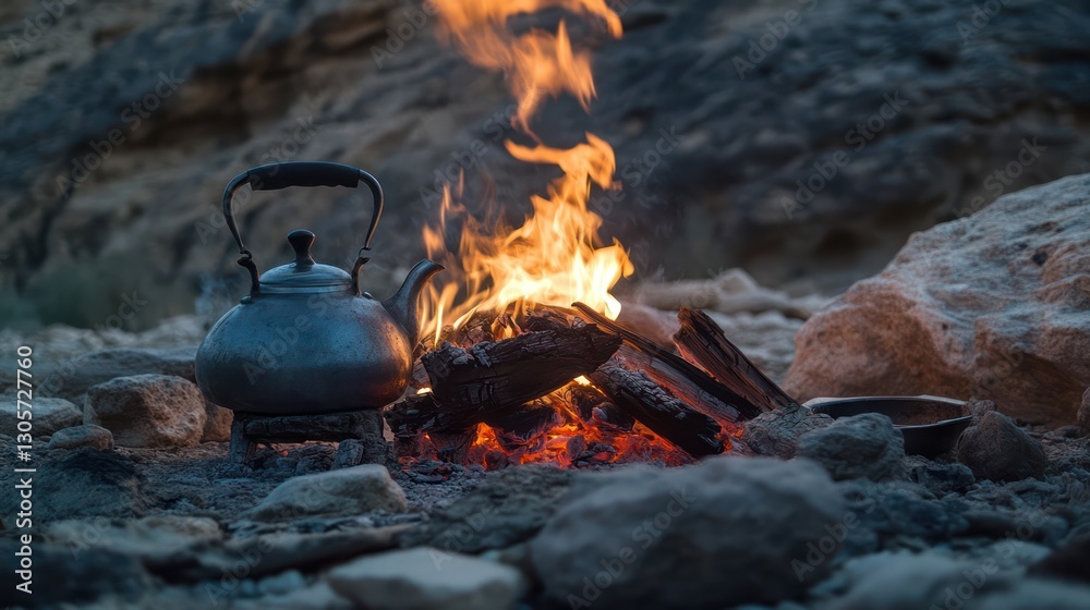 A small kettle sits near a burning campfire outdoors A small kettle sits near a burning campfire outdoors