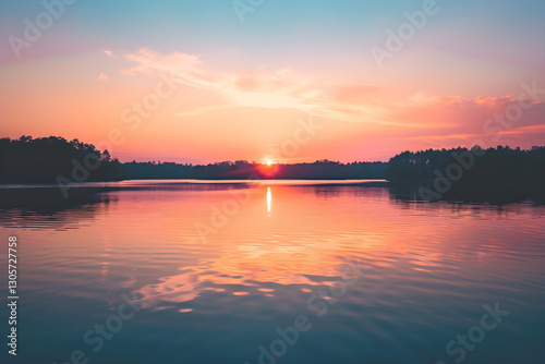 Tranquil Sunset Over Calm Lake Reflecting Vibrant Sky