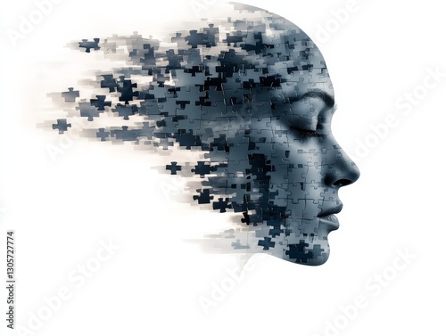 A human head composed of interlocking puzzle pieces. Generative AI