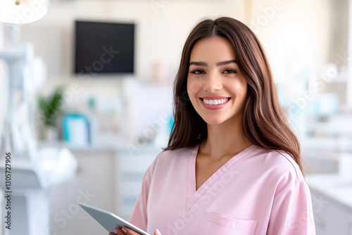 A young female nurse in pink scrubs stands in a bright medical office, holding a tablet and smiling warmly. The background features medical equipment, creating a professional and welcoming atmosphere