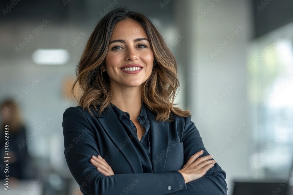 Naklejka premium A confident female business professional in a boardroom, wearing a suit, with her arms crossed and smiling. She is likely a corporate manager or executive.