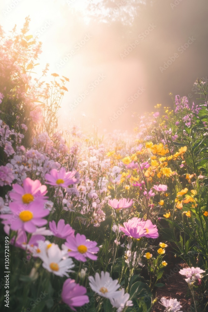 Obraz premium Beautiful colorful wild flowers in deep foggy forest with sun light in Spring.