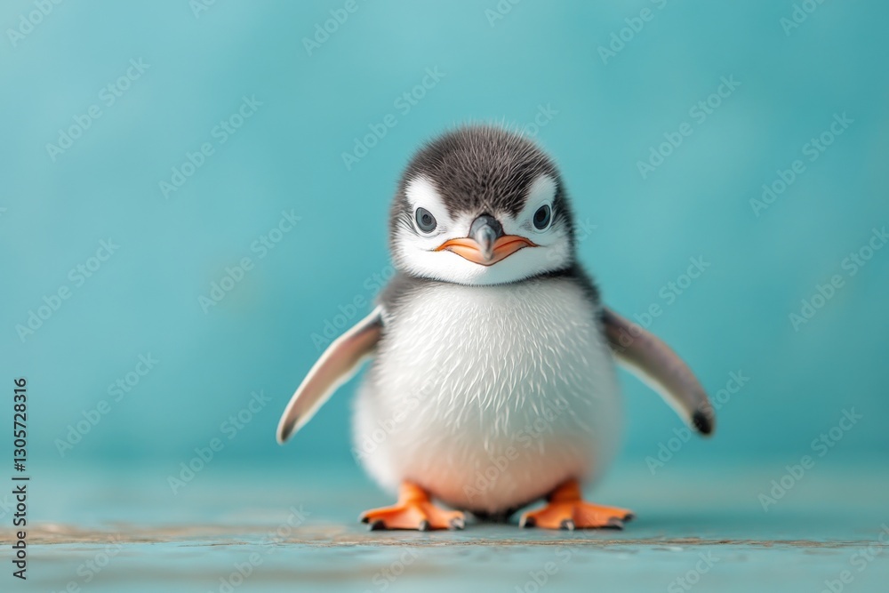 Naklejka premium Cute penguin chick posing in front of a bright turquoise background in a cheerful indoor setting