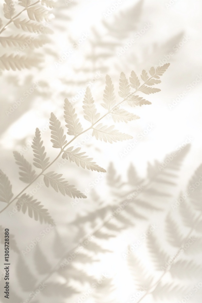 Soft light illuminates fern shadows on a white background, creating a delicate, ethereal effect. Soft light illuminates fern shadows on a white background, creating a delicate, ethereal effect.