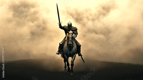 Depict a fierce warrior in medieval armor on a powerful horse, rearing up with his sword raised high against a stormy battlefield backdrop